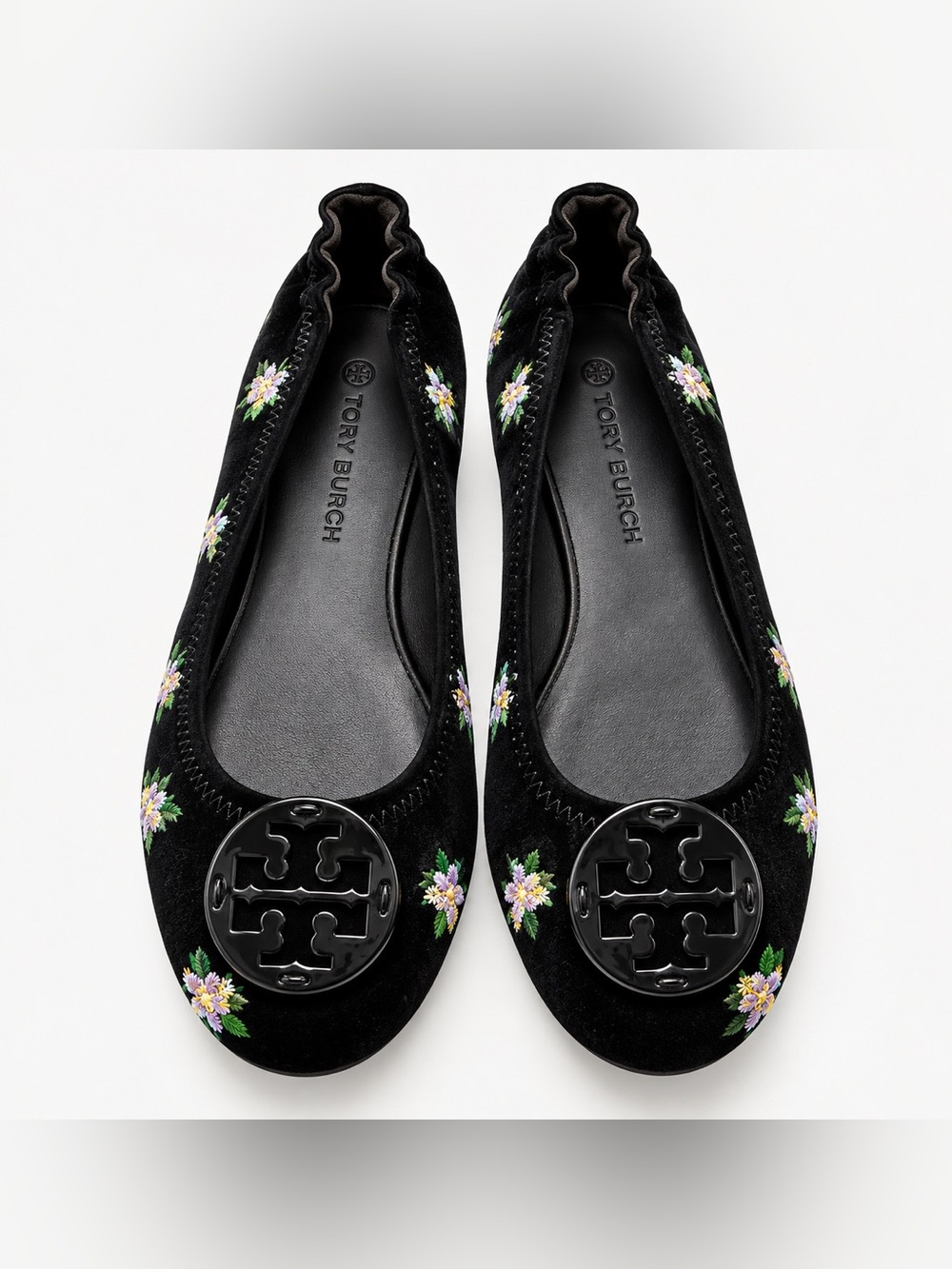 Tory Burch Minnie Travel Ballet Flats Black Suede Embroidered Logo Womens sz 8 M